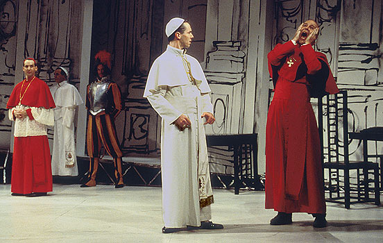 Cardinal Pialli (James Shanklin) loses his cool when the 
						Pope (Paul Niebanck) takes a liberal turn.  Cardinal Stillaci 
						(John Hines) and the Guard Captain (Christopher 
						Mattox) plot in the background.
